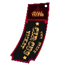 A black and red vintage circus ticket with gold text and star accents.