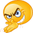 Yellow smiley face with a wide grin and steepled fingers looking devious.