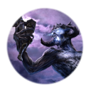 Molag Bal holding a small human figure in his hand against a dark, cloudy purple background.