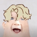 A baby face with wide eyes and an open mouth, wearing a cartoonish blonde hairstyle.