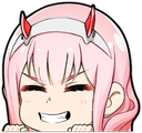 Zero Two with pink hair and red horns giving a mischievous, toothy grin.