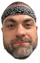 Man wearing a patterned bandana looking directly at the camera with a stoic expression.