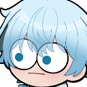 Anime character with light blue hair and comically large eyes staring with a blank, confused expression.