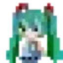 Hatsune Miku sitting with a smug, mischievous expression in pixel art style.