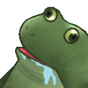 A green frog transitions from a drooling, dazed expression to a menacing look while brandishing a silver knife.