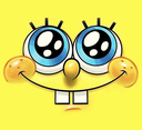 SpongeBob with giant, sparkling blue puppy-dog eyes and a wide, innocent smile.