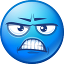 Blue circular face with furrowed brows and clenched teeth expressing intense anger.