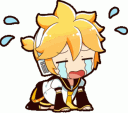 Kagamine Len in a chibi style crying while bowing on the floor.