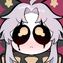 Anime character with large dark eyes and a small mouth looking up with a pleading expression.