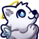 A cute white puppy with a glowing halo and small wings looking up with an innocent expression.