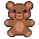 Teddy bear with rosy cheeks and a happy expression in pixel art style.