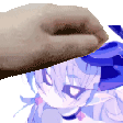 A hand gently patting the head of an anime character.