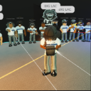 Roblox avatar standing in the center of a crowd of identical characters.