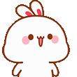 Three cute white bunnies with pink cheeks smiling and looking excited.