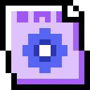 A purple pixelated document icon featuring a blue gear symbol in the center.