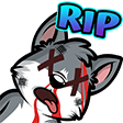 A cartoon wolf with X-shaped eyes and red blood streaks on its face looking dead with the text RIP above it.