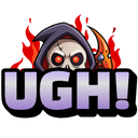 Grim reaper skull with glowing red eyes peeking over the word UGH in bold purple letters.