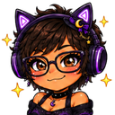 A girl with brown hair and glasses wearing purple cat-ear headphones gives a smug, confident smirk surrounded by golden sp...