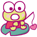 Keroppi the frog with wide eyes holding a fishing rod with a heart-shaped lure.
