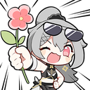 Chibi character with gray hair and sunglasses smiling while holding out a pink flower.