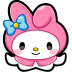 My Melody wearing her signature pink hood and a blue bow smiling happily.