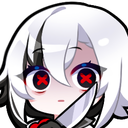 Arlecchino from Genshin Impact in chibi style holding a knife with red X eyes.
