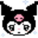 A pixel art puppy face with Kuromi-inspired features and a pink nose.