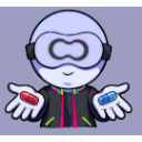 Character wearing a VR headset holds out a red pill in one hand and a blue pill in the other.
