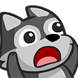 A cartoon wolf with wide eyes and a large, open-mouthed grin showing pure excitement.