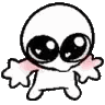 A small white doodle creature with giant black eyes and pink blushing cheeks reaching out for a hug.