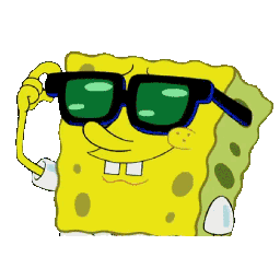 SpongeBob SquarePants wearing sunglasses and tapping his temple with his finger.
