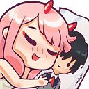 Zero Two from Darling in the Franxx happily hugging a body pillow of Hiro.