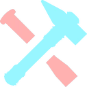 A blue hammer crossed with a pink nail in pixel art style.