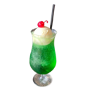 Melon soda float in a glass with a scoop of vanilla ice cream and a cherry on top.
