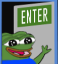 Pepe the Frog smiling and waving his hand toward a green enter sign.