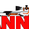 A repeating pattern of a futuristic sniper rifle and a large red letter N in pixel art style.
