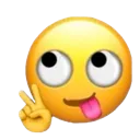 Yellow emoji face with wide eyes and tongue out making a peace sign gesture.