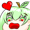 Anime girl with green hair and heart-shaped eyes looking overwhelmed with love.