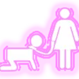A white silhouette of a person on all fours on a leash held by another person against a bright pink background.