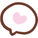 A white speech bubble with a brown outline containing a small pink heart.