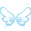 Blue and white pixelated angel wings spread wide.
