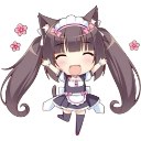 Chocola the catgirl in a maid outfit jumping with her arms raised in excitement.