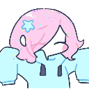 A pink-haired character in a blue hoodie performing a casual shrug gesture.