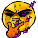 Yellow emoji face with a hand on its chin, featuring dramatic anime-style shading and purple menacing kanji characters.