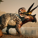 Eotriceratops dinosaur standing in a misty landscape with a serious expression.