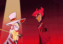 Lucifer Morningstar and Alastor stand face to face with smug expressions in a red-lit room.