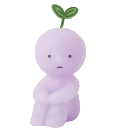 Miski character with a purple body and a green sprout on its head sitting alone.