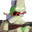Pepe the Frog wearing a winter hat and firing a rifle with an intense expression.