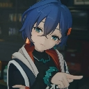 Anime girl with blue hair pointing her finger forward with a smug expression.