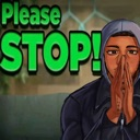 Anime character in a hoodie with hands pressed together in a begging gesture with the text Please STOP in green.
